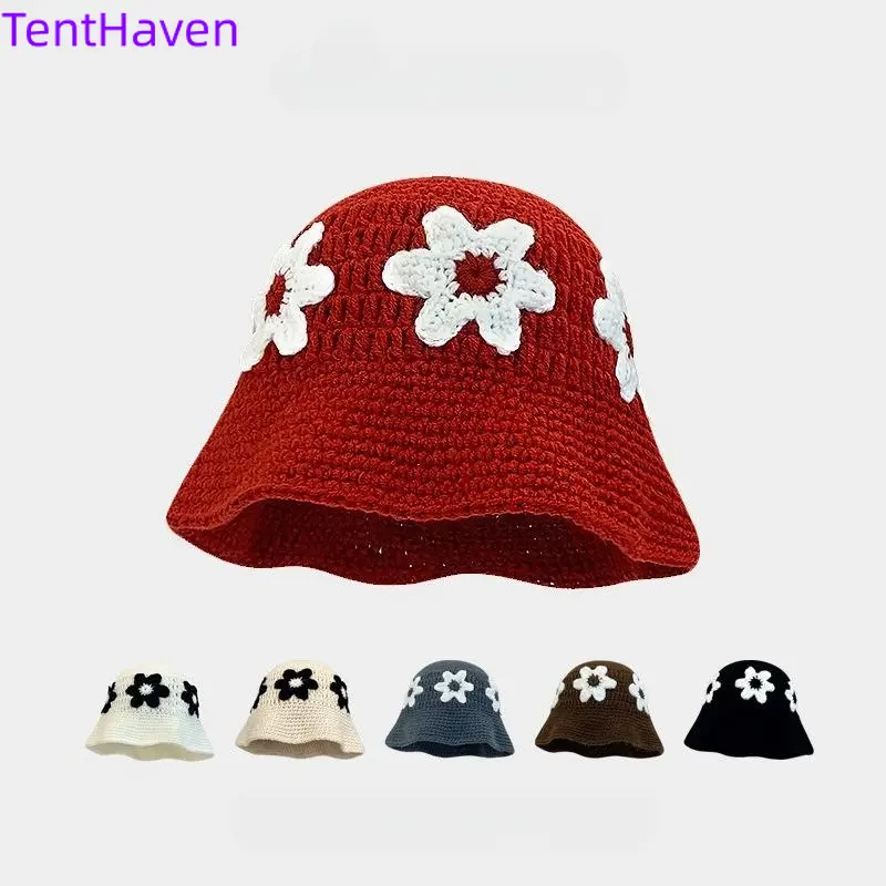 2026 New Four Seasons Knitted Hollow Fishing Hat for Women, Cute and Sweet Flower Yarn Basin Hat, Water Bucket Hat