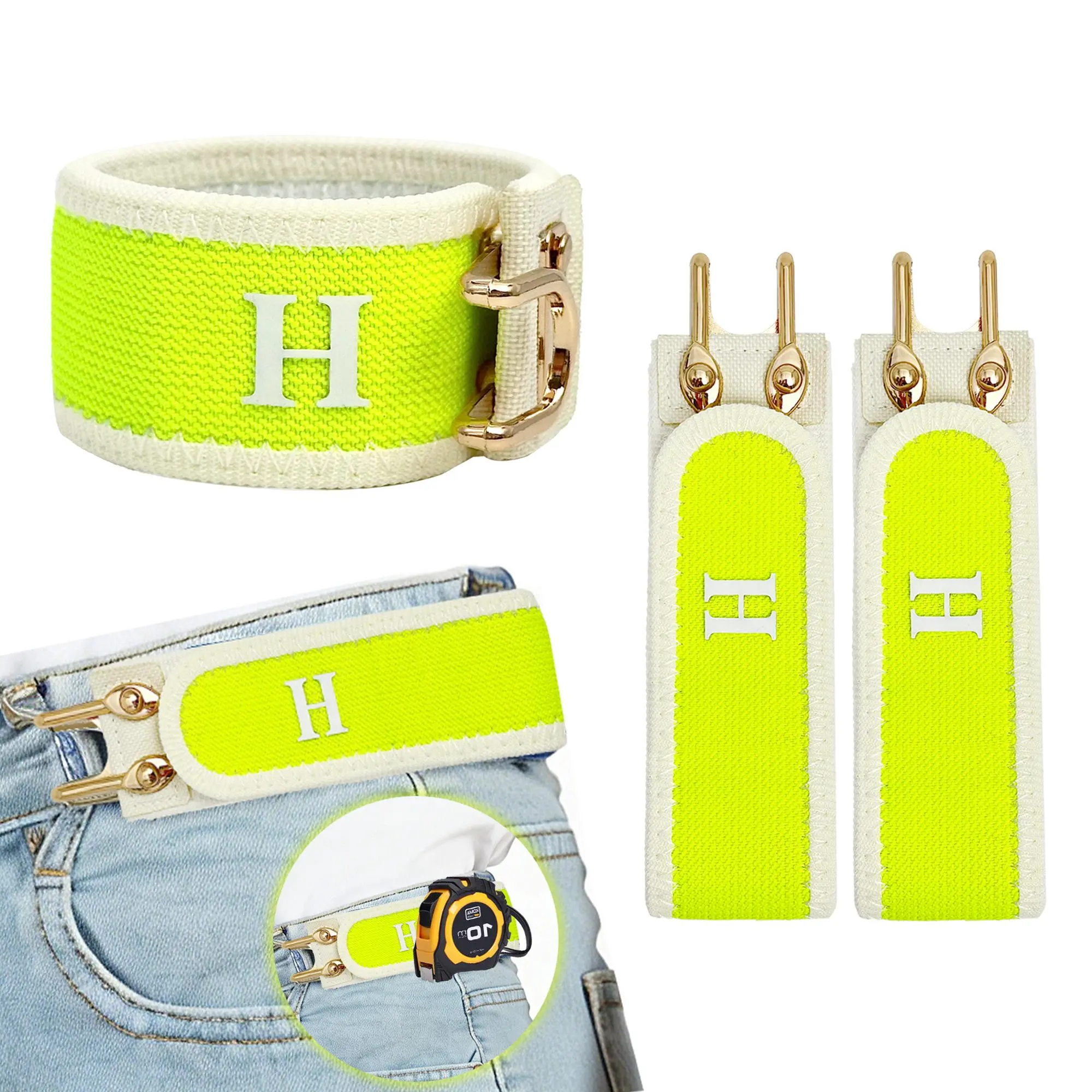[New Color Collection] HAILTH Unisex Elastic Belt & Waist Expander – Patented No-Buckle Invisible Stretch Waistband with Tactical Metal Hook, Light Gray Gold Champagne Neon Yellow