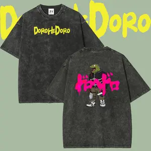 Menswear Dorohedoro Caiman Anime Character Double-Sided Graphic Cotton Fabric Retro Short-Sleeve Washed T-Shirt, Vintage Distressed Oversized Loose-Fit Harajuku Dark Manga Casual Streetwear Unisex Hip Hop Tee
