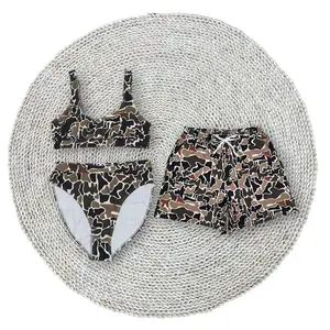 Adult Women Brown Camouflage 2pcs Bikini Swimsuits for Summer Beachwear Matching Family Men Trunks