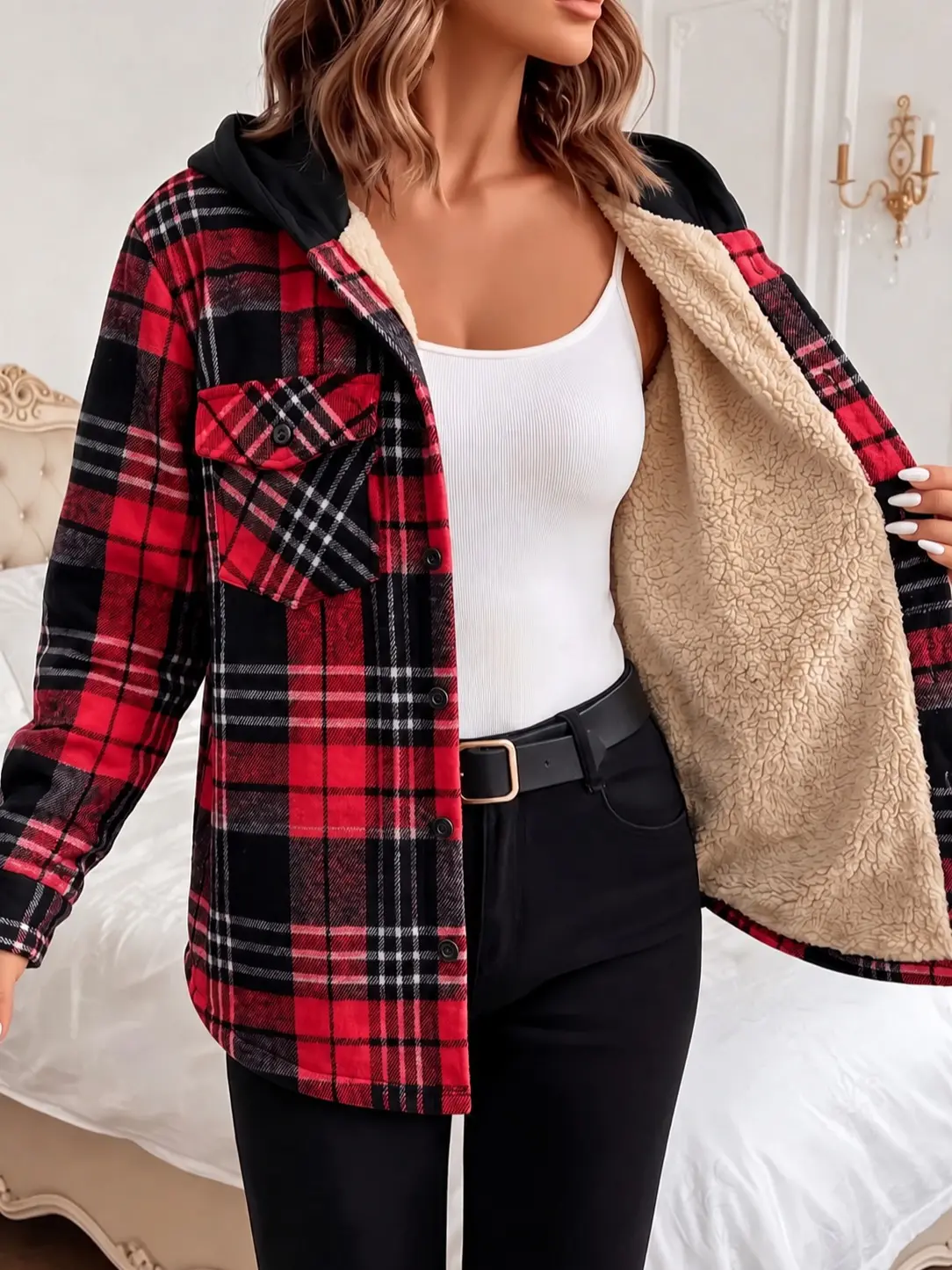 Women's Chic Plaid Hooded Fleece-Lined Shacket Coat - Button-Front Placket, Chest Flap Pocket, Plush Thick Interior, Lady's Everyday Shirt-Style Cold-Season Casual Outerwear for Leggings, Jeans Pairing