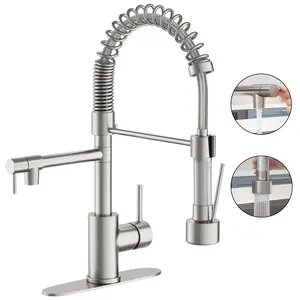 SummerVibes PHANCIR Dual Spout Kitchen Faucet with Pull Down Sprayer, Brushed Nickel Stainless Steel Commercial Sink Faucet with Pot Filler, Spring Kitchen Sink Single Handle Pull Out Sink Faucets with Deck Plate Suitable for 1 or 3 Holes