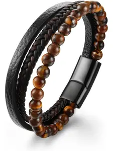 Men's Bracelet, Stainless Steel Genuine Leather Bracelet, Jesus Christ Crucifix Cross Bracelet, Natural Stone Braided Bracelet with Magnetic Clasp, Jewellery Gifts for Men