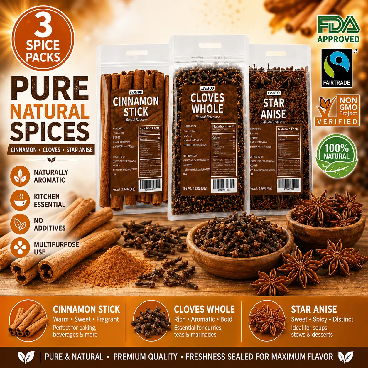 LVSEFOD 3-Pack Whole Spice Combo Set - 2.82oz Each (Total 8.46oz) - Cinnamon Sticks, Whole Cloves & Star Anise for Cooking, Baking, Tea (Cloves/Anise Included), Whole Spices