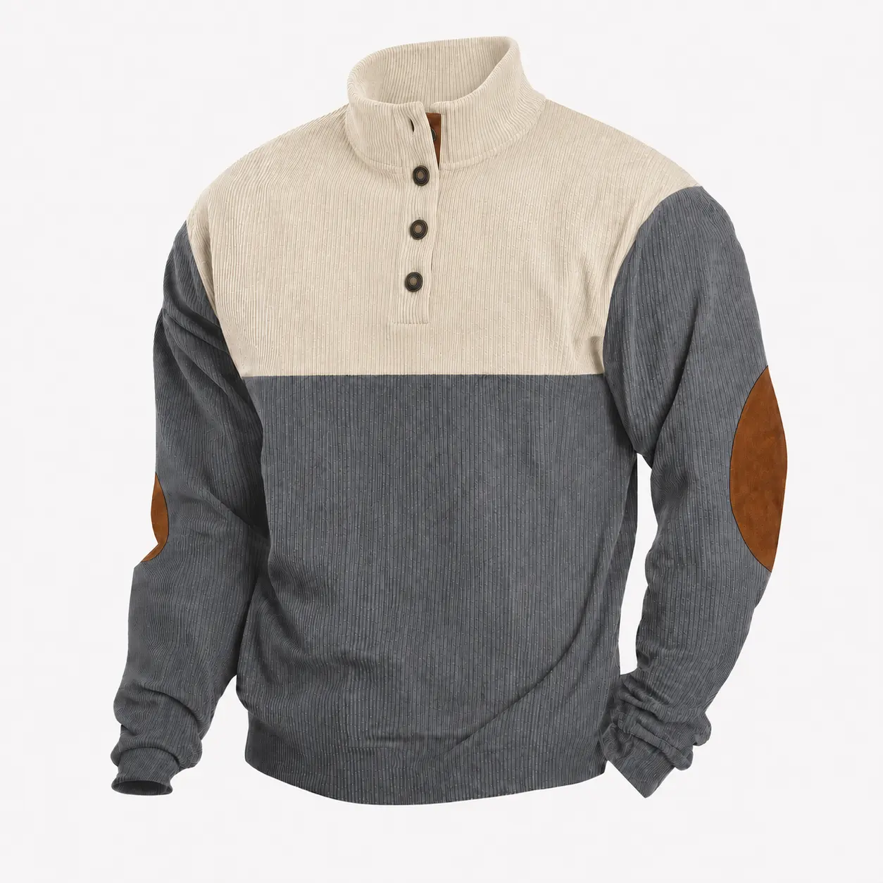 Men's Color Block Pullover Sweatshirt, Long Sleeve Quarter Button Mock Neck Top with Contrast Elbow Patches, Textured Casual Fall Winter Wear