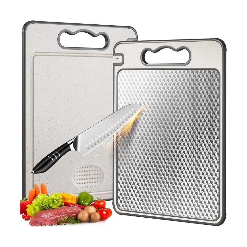 Double-Sided Reversible Cutting Board – Stainless Steel & Wheat Straw PP Chopping Board for Meat, Vegetables & Fruits, Non-Toxic, Scratch-Resistant, Dishwasher Safe, 14.4” × 9.8”, Grey