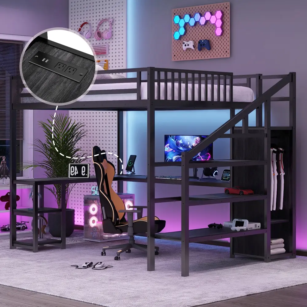 Metal Loft Bed with Wardrobe & LED Lighting L-Shaped Desk USB Ports for Kids Teens Adults Black Princess Bunk Full Size Premium Platform Twin Fabric Wire Heavy Duty Non-Slip Headboard Funky Bedroom Furniture Sturdy Bed Frame