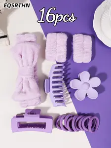 16 pieces bow purple wool hair band set, suitable for washing face, cute hair band, bracelet and plush hair band with flower hair clip, suitable for women's accessories.