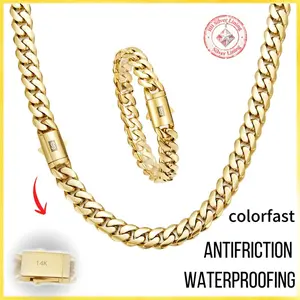 [2pcs Set]14K Vacuum-gold Plated Hip Hop Jewelry Stainless Steel Miami Cuban Link Chain Necklace and Bracelet Fashion Accessory Men Women unisex Monaco italy Mexico & Micro Promise chains for Husband Boyfriend Valentines Birthday Gift