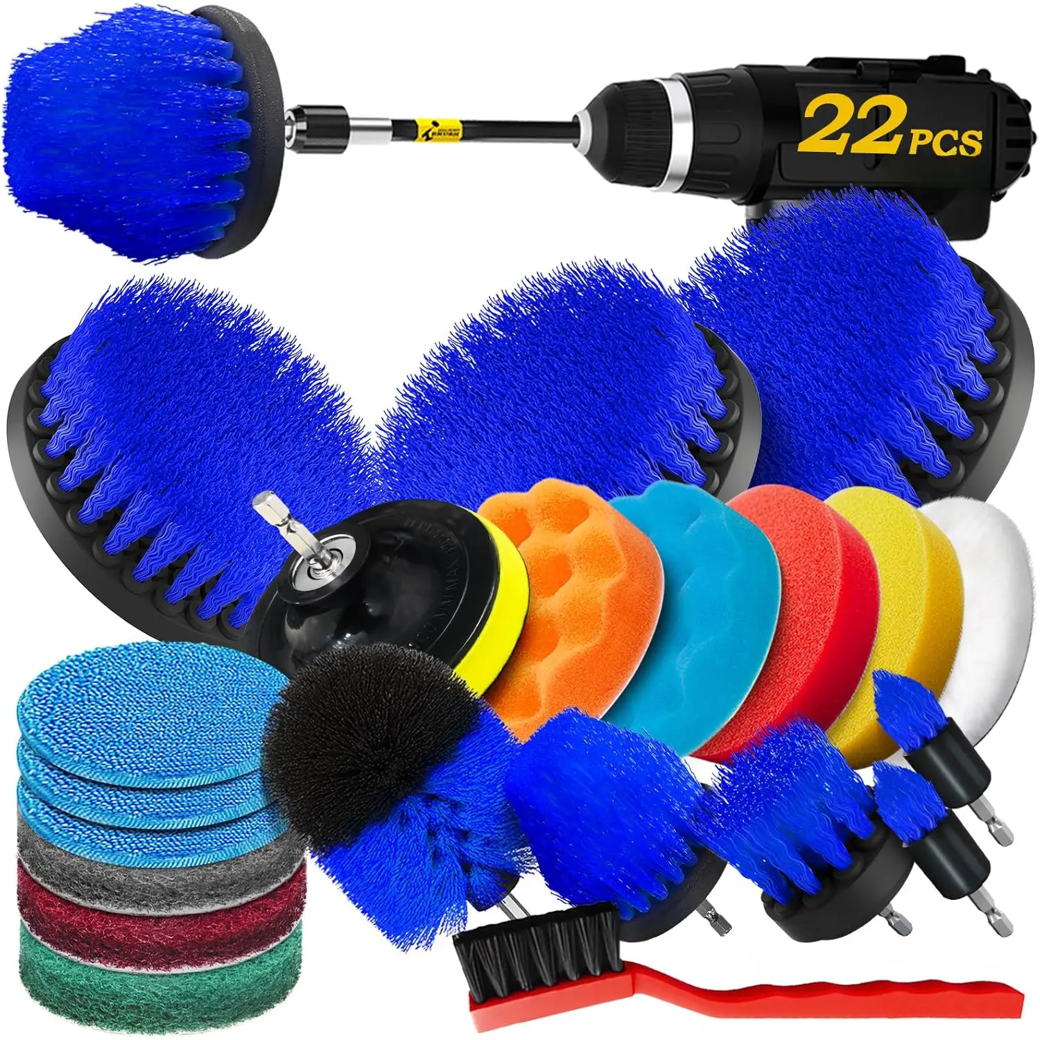 22Pack Drill Brush Attachments Set, Scrub Pads & Sponge, Buffing Pads, Power  Brush,  Polishing Pad Kit,Wax Applicator Pad, Cleaning Kit,Cleaning Supplies,Masonry Brushes(Blue)