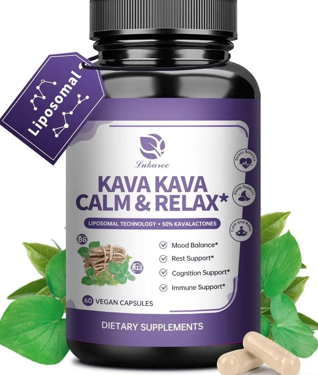 Kava Kava Root Extract Supplement - Liposomal Kava Capsules with L Theanine 200mg, 50% Kavalactones, Relax Calming Kava Extract, Vitamin B6, B12 - for Sleep, Mood, Cognitive & Immune Support, 60CT