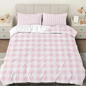 3PCS Duvet Cover Set, 1 Duvet+2 Pillowcases(Without filler), Pink Plaid Checkered Soft Cozy theme, Valentine's Day bedding set, Gingham Pattern Suitable for decoration Bedroom, Guest Room, Dorm, Apartment