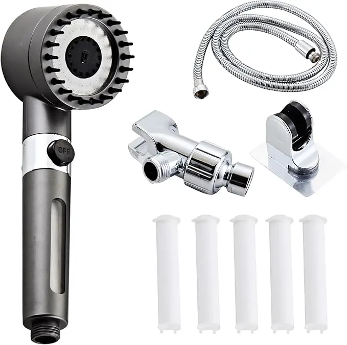 Gray High Pressure Handheld Shower Head & Hose Set - Filter Spray Attachment, Hard Water Wellness, Multi Setting Showerheads with 4 Filters, 59in Hose, Bracket, 4 Spray Modes, Pause Switch , Filter Spray Atta.shower douche attachment