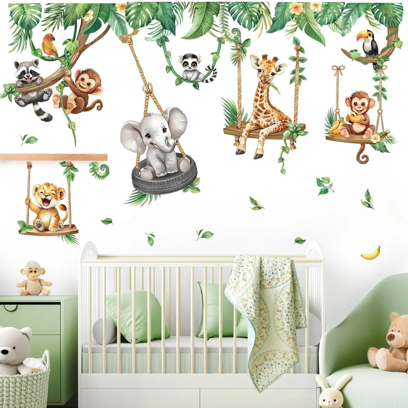 Cartoon Jungle Animal Wall Stickers Decorations, Wildlife Zoo Animals Elephant Giraffe Monkey Tropical Leaf Wall Decals, Bedroom Living Room Home Decor, Interior Stickers, Cute Wall Decor, Decorative Decal