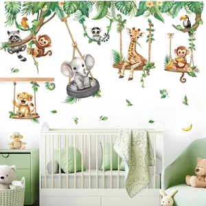 Cartoon Jungle Animal Wall Stickers, Wildlife Zoo Animals Elephant Giraffe Monkey Tropical Leaf Wall Decals, Bedroom Living Room Home Decor