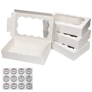 Cookie Boxes with Window, 7.09'x4.9'x1.57' Treat Boxes for Bakery Dessert Pastry Mini Cake Favor Donut Baked Goods (White, with Stickers)