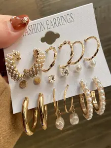 9 Pairs Luxury Pearl Earrings Set, Fashionable Earrings, Unique C-Shaped Studs, Vintage Style Multi-Layer Wide Ear Rings, Daily Wear Jewelry