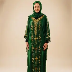 Elegant Green Kaftan with Gold beads and Matching Hijab for Special Occasions