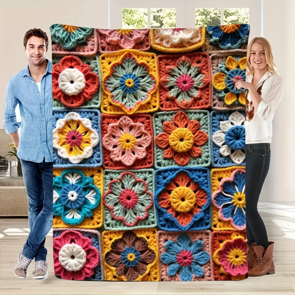 Extra Large Crochet Blanket - Soft Flannel All-Season Throw with Multicolor Mosaic Print (Pink, Yellow, Green, Orange, Red, Purple, Brown)