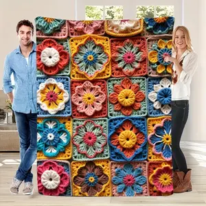 Extra Large Crochet Blanket - Soft Flannel All-Season Throw with Multicolor Mosaic Print (Pink, Yellow, Green, Orange, Red, Purple, Brown)