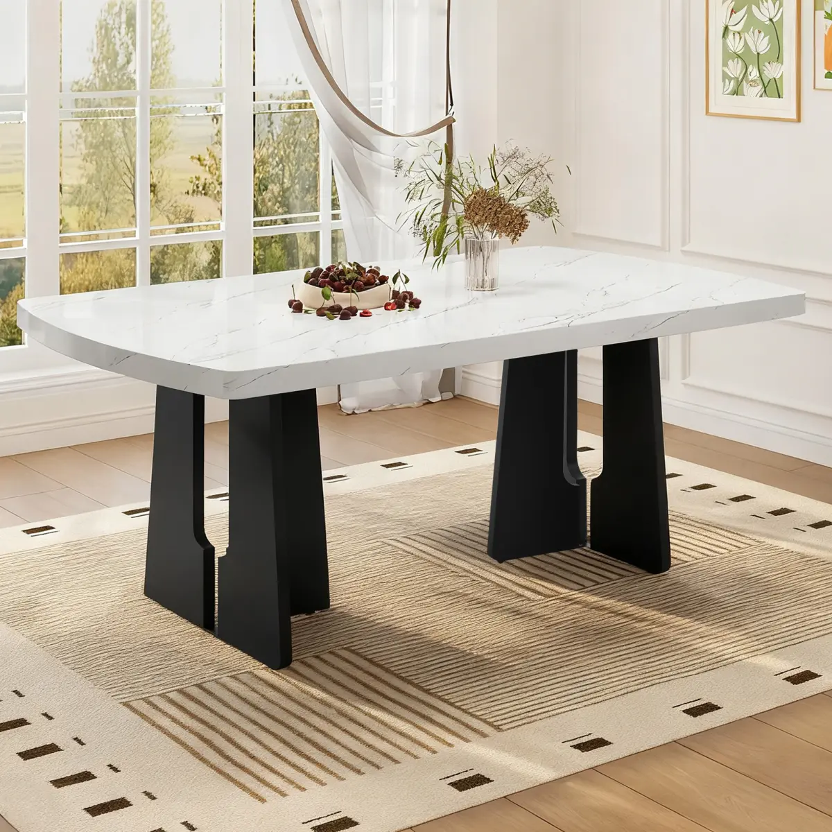 [Bellemave] 63" Modern Faux Marble Dining Table, Kitchen Table with Marble Top & Sturdy Geometric Legs, Easy to Assemble