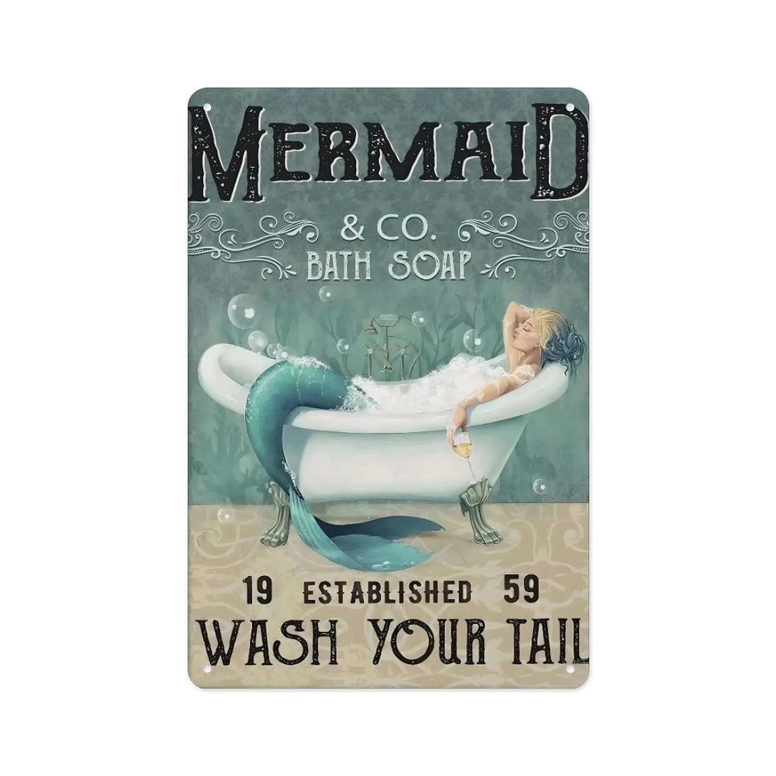 Mermaid & Co. Retro Aluminum Metal Bath Soap Tin Sign - Rustic Wall Art, Home Decor Vintage Art, Funny Bathroom Gag Gift for Fantasy Enthusiasts