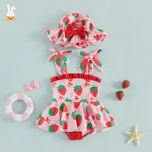 Toddler Girls Cute Strawberry Print Swimsuit, Sleeveless Plaid Swimwear With Hat Swimwear For Summer Bathing