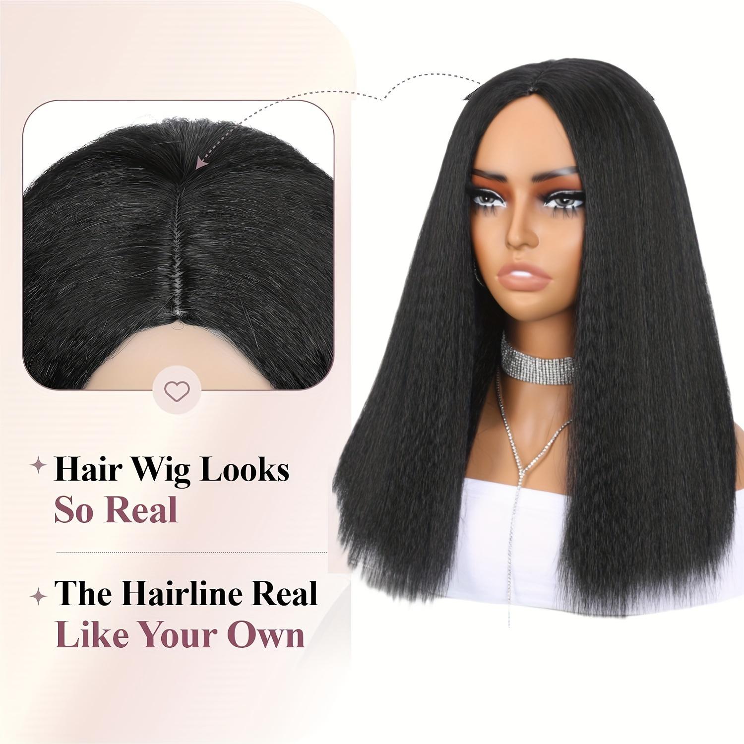 18-Inch Kinky Straight Black Bob Wig with Light Yaki Texture, Featuring a Density And a Middle Part, Perfect for Shoulder-Length Styles. Available in Synthetic Hair with Options in Black, Brown, Or Mixed Colors for Women