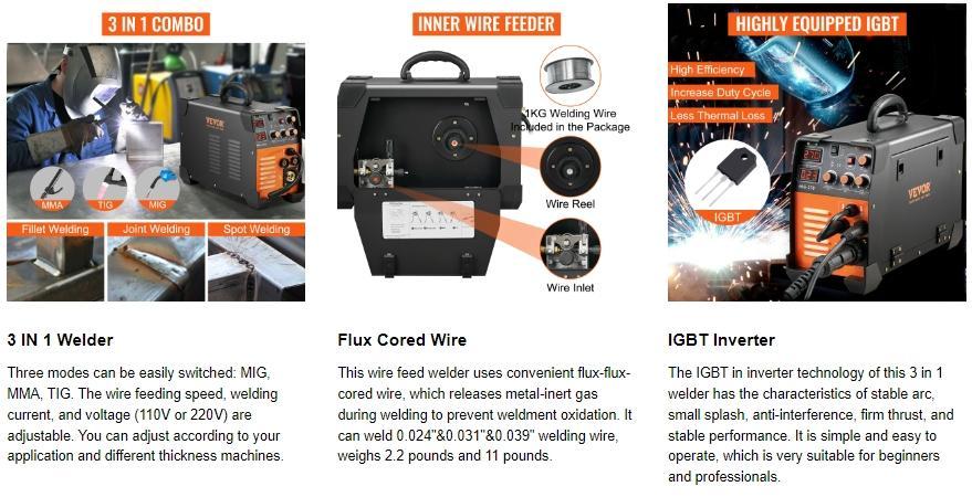 VEVOR MIG Welder, 130-270A Flux Core Welder, 3 in 1 Combo MMA/MIG/LIFT TIG Welder Machine, Portable MIG-130 Welding Machine IGBT Inverter, Automatic Wire Feeding Welder for Stainless Steel VEVOR MIG Welder, 130-270A Flux Core Welder, 3 in 1 Combo MMA/MIG/LIFT TIG Welder Machine, Portable MIG-130 Welding Machine IGBT Inverter, Automatic Wire Feeding Welder for Stainless Steel