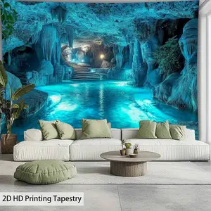 Cave Underwater World Pattern Tapestry, Large Decorative Wall Hanging for Home Bedroom Decor, Holiday Gift and Party Decoration, Live Stream Background