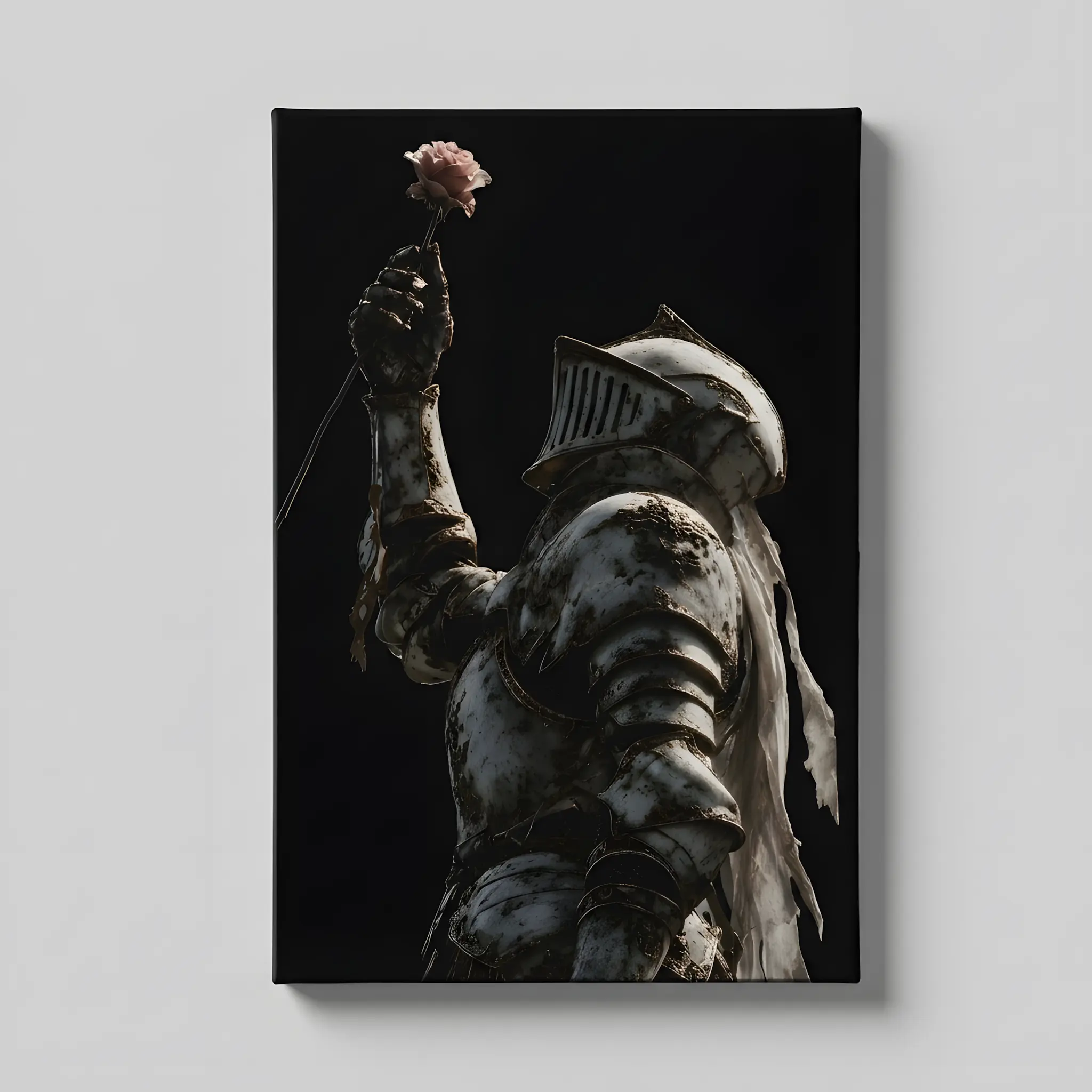 Medieval Knight Holding Pink Rose Poster, Vintage Rusty Armor Wall Art Print, Aesthetic Dark Canvas Wall Decor, Gaming Room Decoration, Holiday Birthday Gift for Gamer Fans, Wall Art for Bedroom Dorm Gaming Room Offic