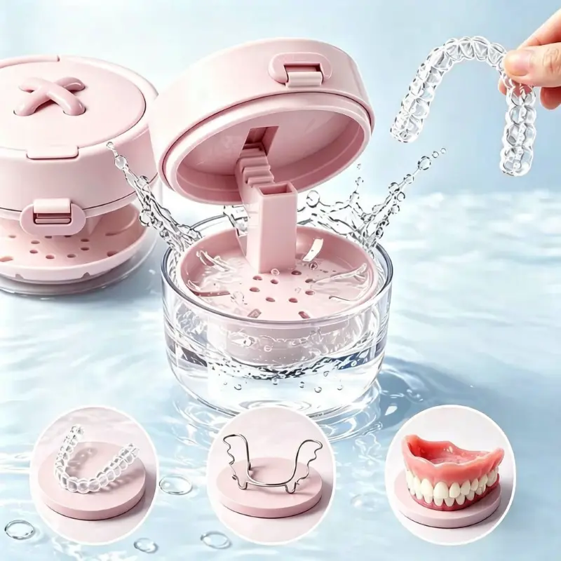 3-in-1 Retainer Cleaner Case Box,Storage Soak Container with Drain Tray for Travel Cleaning with Mirror and Brush