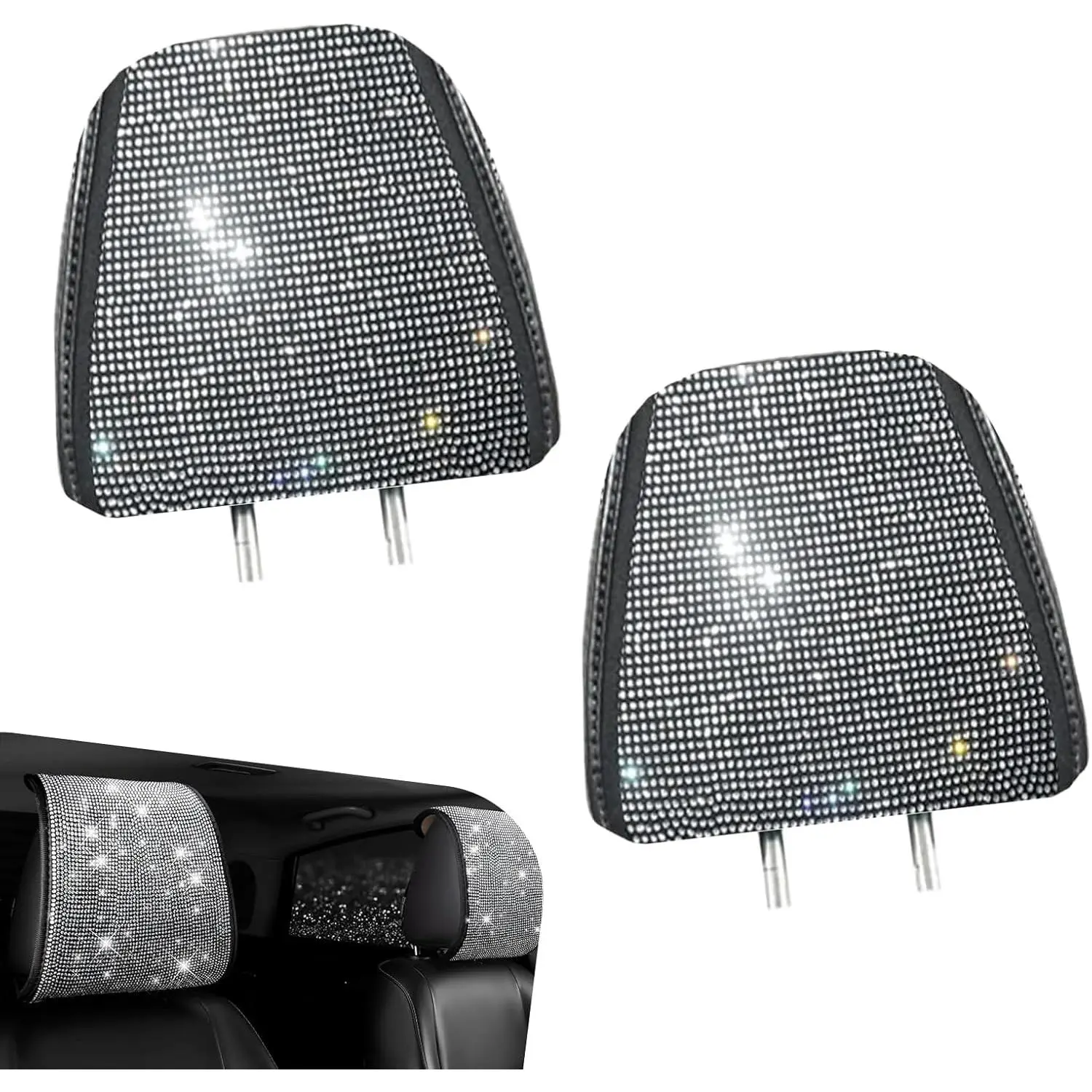 2 PCS Bling Car Headrest Covers, Stylish Rhinestone Head Rest Cover Protector with Snap, Easy to Install Car Interior Decoration Accessories, Universal for Most Cars (Silver)