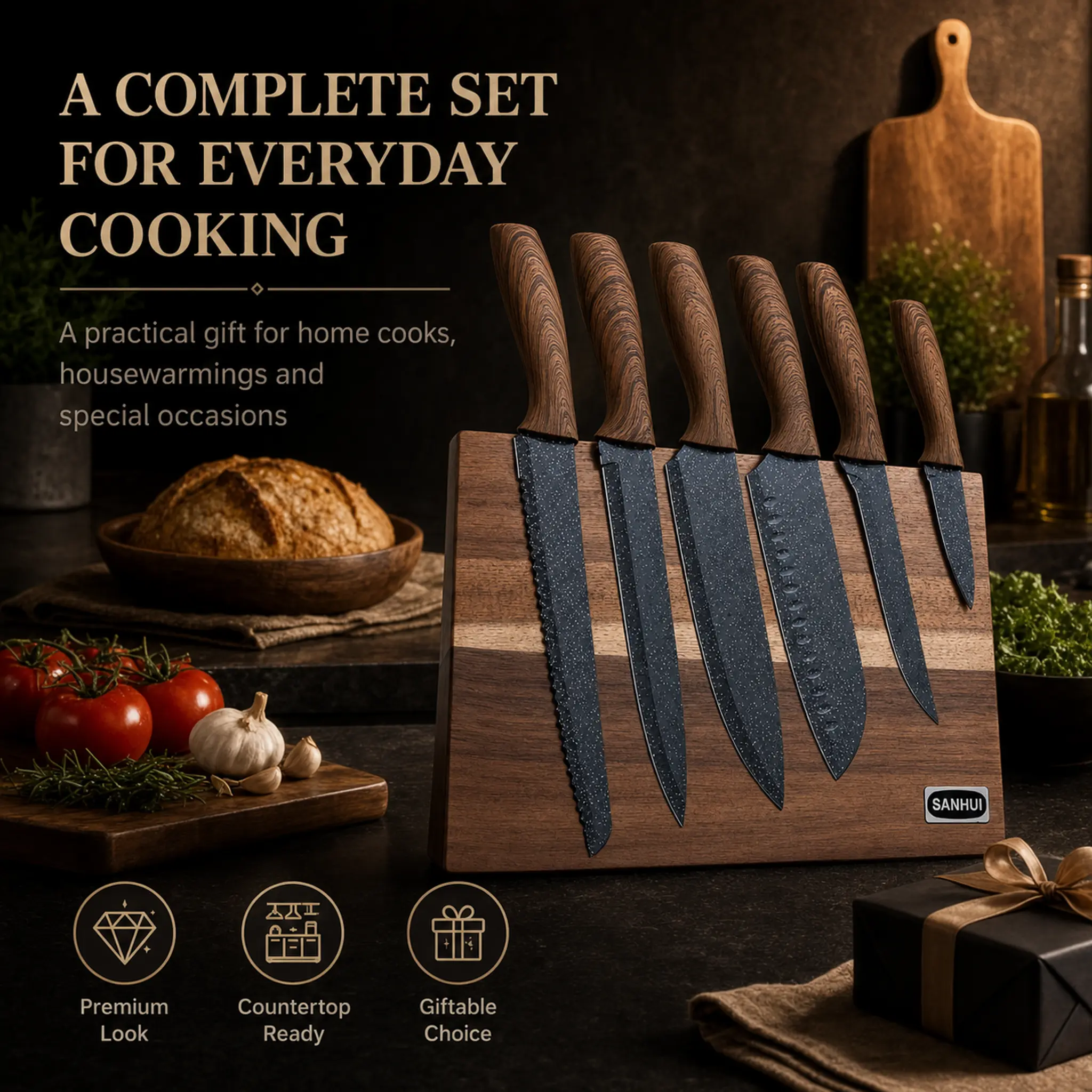 6-Piece Kitchen Knife Set, Ultra Sharp Non-Stick Chef Knives with Ergonomic Wood Grain Handle for Home Kitchen