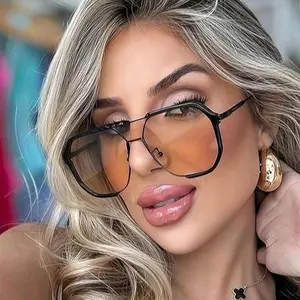 Unisex Simple Style Plain Color Sunglasses,unisex square frame glass 2025 New in Vintage Double Bridge Shades Trendy Fashion Korean Style Brand Design Sun Glasses