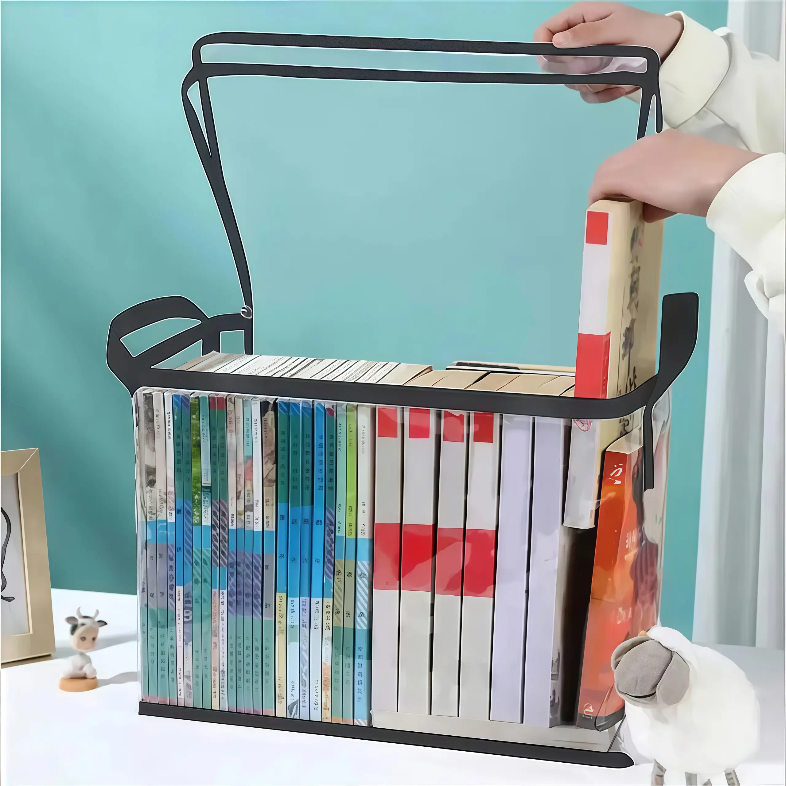1 thick PVC visible book organizing bag, vertical storage bag for student exam papers and textbooks, waterproof and dustproof book storage box, large capacity handheld magazine file bag, foldable book storage basket for desk