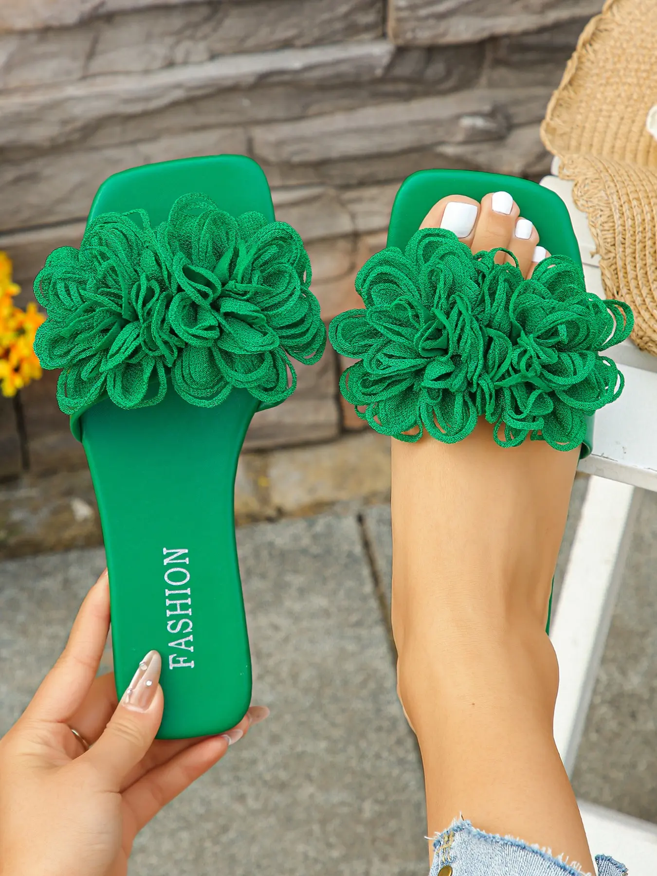 Women's Summer Vacation Sandals, Fashionable Slide Sandals, PU Leather Square Toe Flat Shoes, Fashionable Lightweight Design with Flower, Perfect for Outdoor Activities & Daily Wear