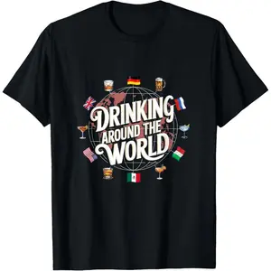 Funny Drinking Around The World Drink T-Shirt - Funny Drinking Around The World Drink - Black - Unisex-Adults - Short Sleeve - T-Shirt - Polyester 100% - Modern Cartoon Round Collar - Small
