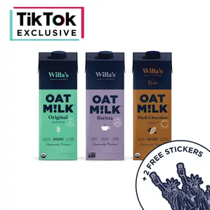Willa's Organic Oat Milk, Variety 3-Pack, 32 oz, Low Sugar (1g), Vegan, Plant Based Protein, Non-Dairy, Non-GMO, Shelf-Stable, & Made from Whole Grain Oats (Original, Barista, Dark Chocolate)
