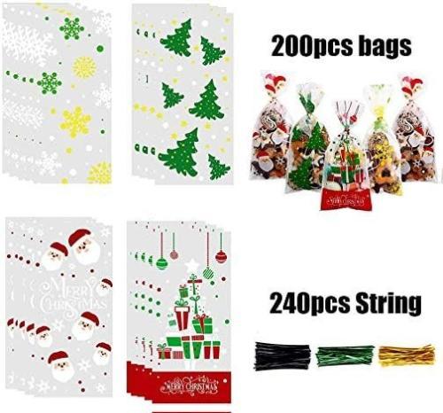 200 Pcs Christmas Cellophane Treat Bags, Xmas Clear Cello Gift Bags Candy Goodies Bags with Twist Ties for Christmas Party Supplies
