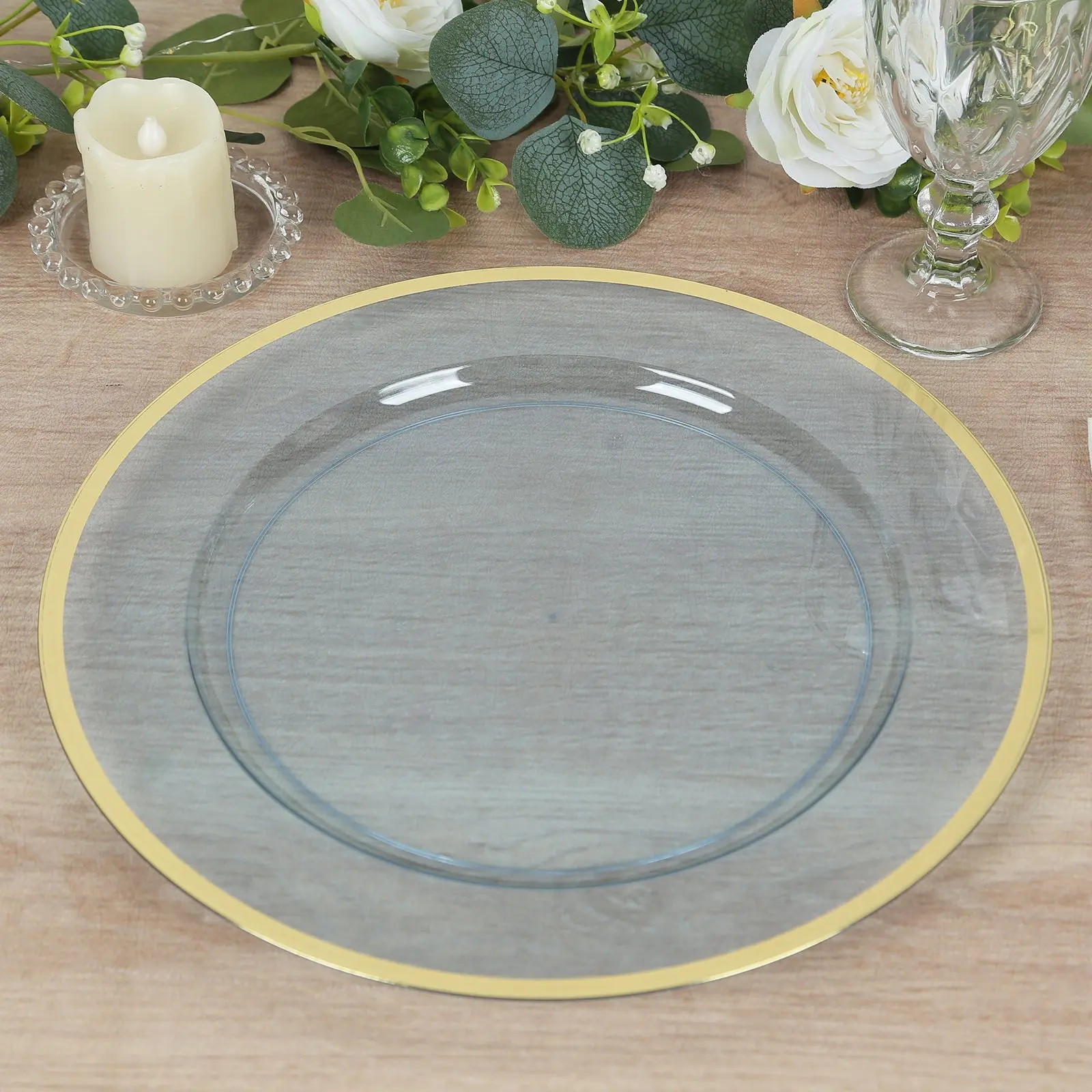 10-Pack Economy Plastic Charger Plates 12" Round Dusty Blue with Wide Gold Rim - Dinner Party Serving Plates