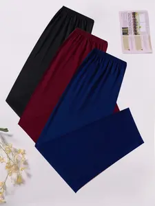3-Pack Fall Winter Plus Size Casual Pants, Women's Home Wear Plaid Solid Color Loose Fit Printed Sleepwear, Spring Autumn Comfortable Loungewear