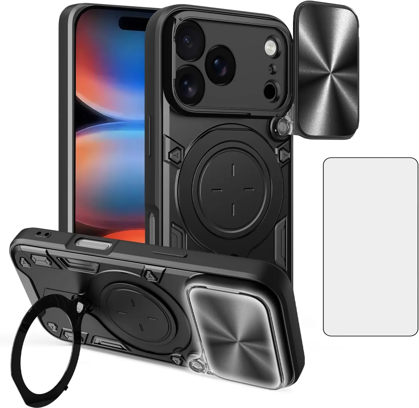 Asuwish Phone Case for iPhone 17 Pro 6.3 inch Slide Camera Cover with Tempered Glass Screen Protector and Ring Holder Stand Hybrid Mobile Cell Accessories i Phone17 i17 17Pro Women Men Black