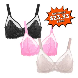 【3 Pack】HSIA Mermaid Scales Lace Unlined Full Coverage Plus Size Underwire Minimizer Bra Comfortable Mesh Cup