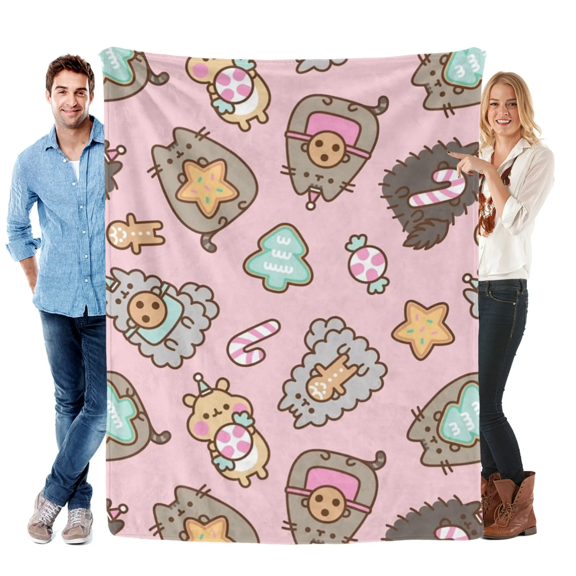 Pusheen Cat Christmas Flannel Throw Blanket - Pink, Cute Cookie Candy Cane Xmas Tree Cartoon Print, Soft Cozy Durable Lightweight Sofa Bed Cover, Gift for Cat Lovers Winter Bedroom Decor, Holiday