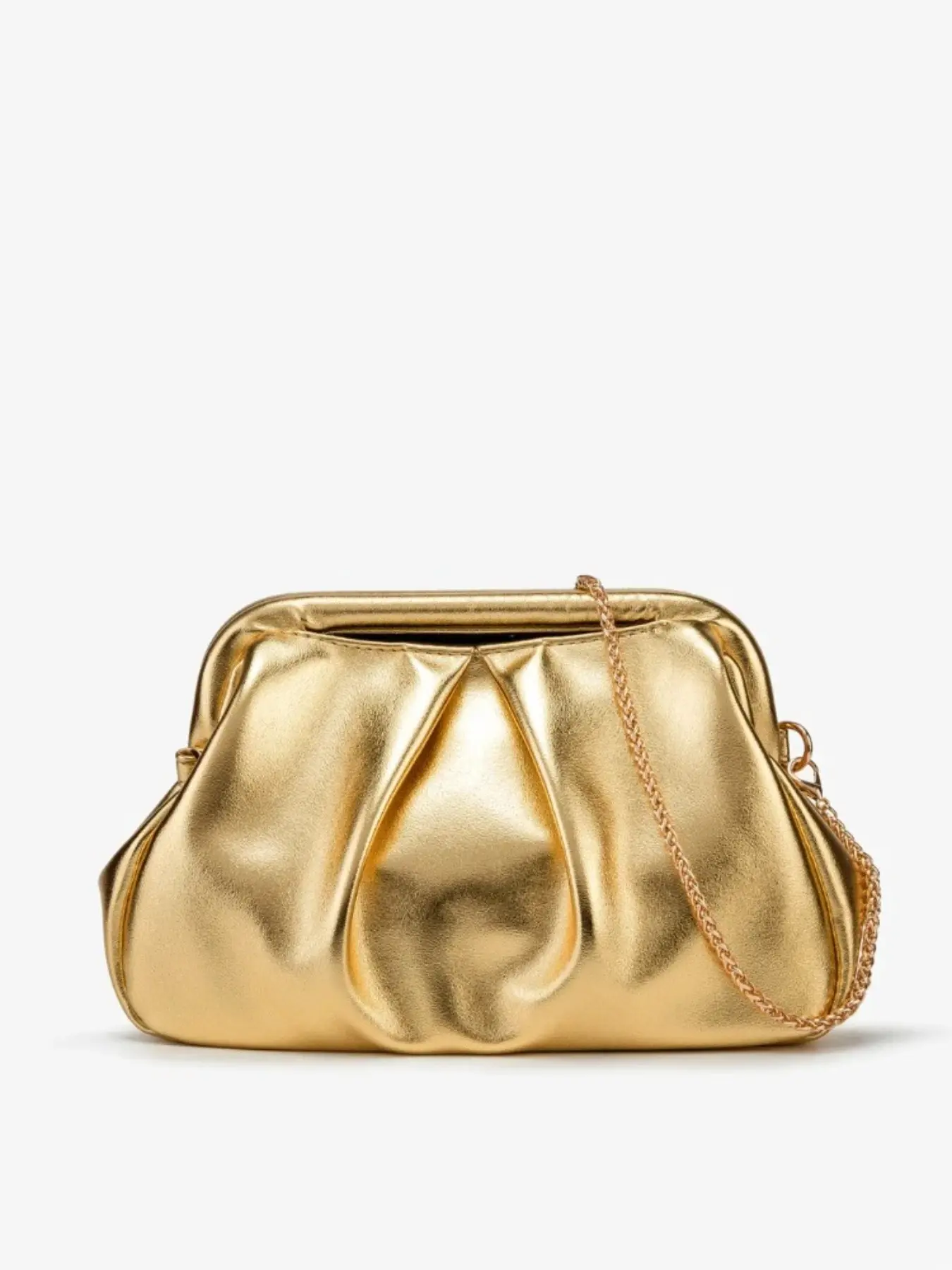 Metallic Gold Pleated Fashion Clutch Bag with Detachable Chain Strap, Women's Soft Faux Leather Crossbody Evening Purse, Elegant Stylish Purse, Elegant Pouch for Party, Wedding, Cocktail & Formal Occasions