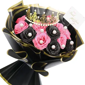 DIY 24pcs Glitter Roses Bouquet Pink and Black Flower Bouquet Artificial Roses Flowers with Wrapping Paper Crowns Cards for Valentine's Day Mother Day Birthday Anniversary Engagement Wedding