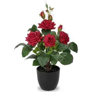 Artificial Plants & Flowers in Vase Red Roses Artificial Flowers Potted Plant Faux Silk Flower with Black Pot Fake Rose Flower Arrangement Home Shelf Desk Decoration 15 Inch