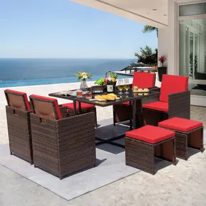 HOMALL 9 Pieces Patio Dining Sets Outdoor Indoor Furniture Patio Wicker Rattan Chairs and Tempered Glass Table Sectional Set Conversation Set Cushioned with Ottoman, Red