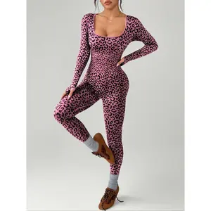Women’s sporty, comfortable fall/winter jumpsuit with a U neckline, leopard knit, seamless long sleeves, and pants—ideal for yoga, cycling, outdoor sports, fitness, and casual wear